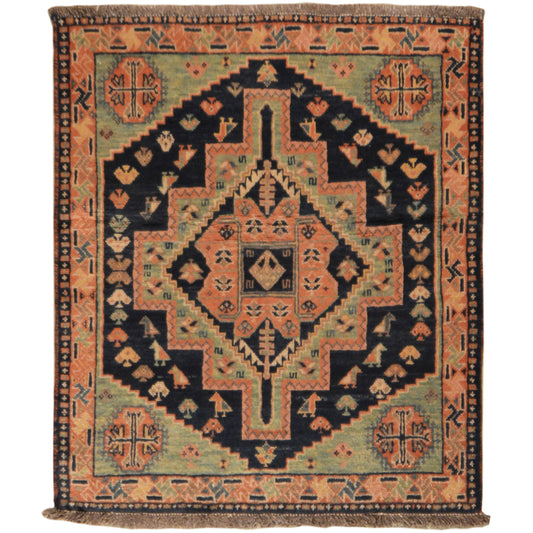 Orientteppich mit geometrischem Muster in Orange, Blau und Schwarz, rechteckig, mit Fransen