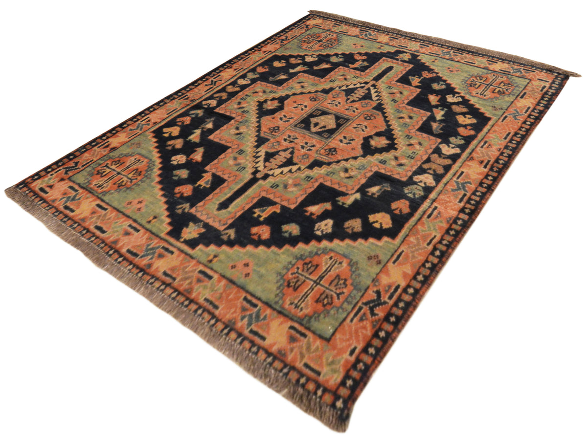 Rechteckiger Teppich mit geometrischem Bordüren-Design in Orange, Blau und Dunkelbraun