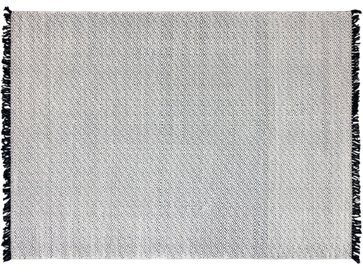 Kelim-Dhurrie-Teppich 160x230 cm, Rauten-Design in hellbeige mit dunklen Fransen