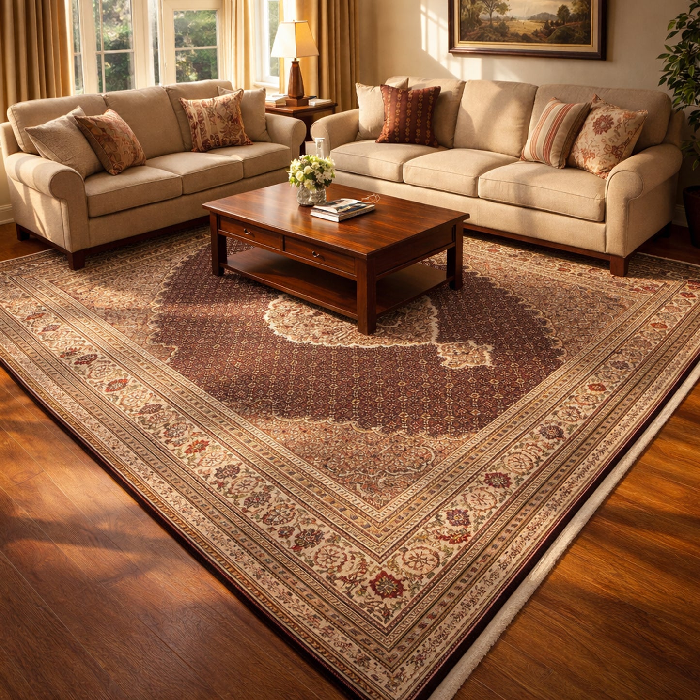 Wohnzimmer Klassischer Indo Tabriz Orientteppich mit Medaillon Muster in Braun 348x253 cm