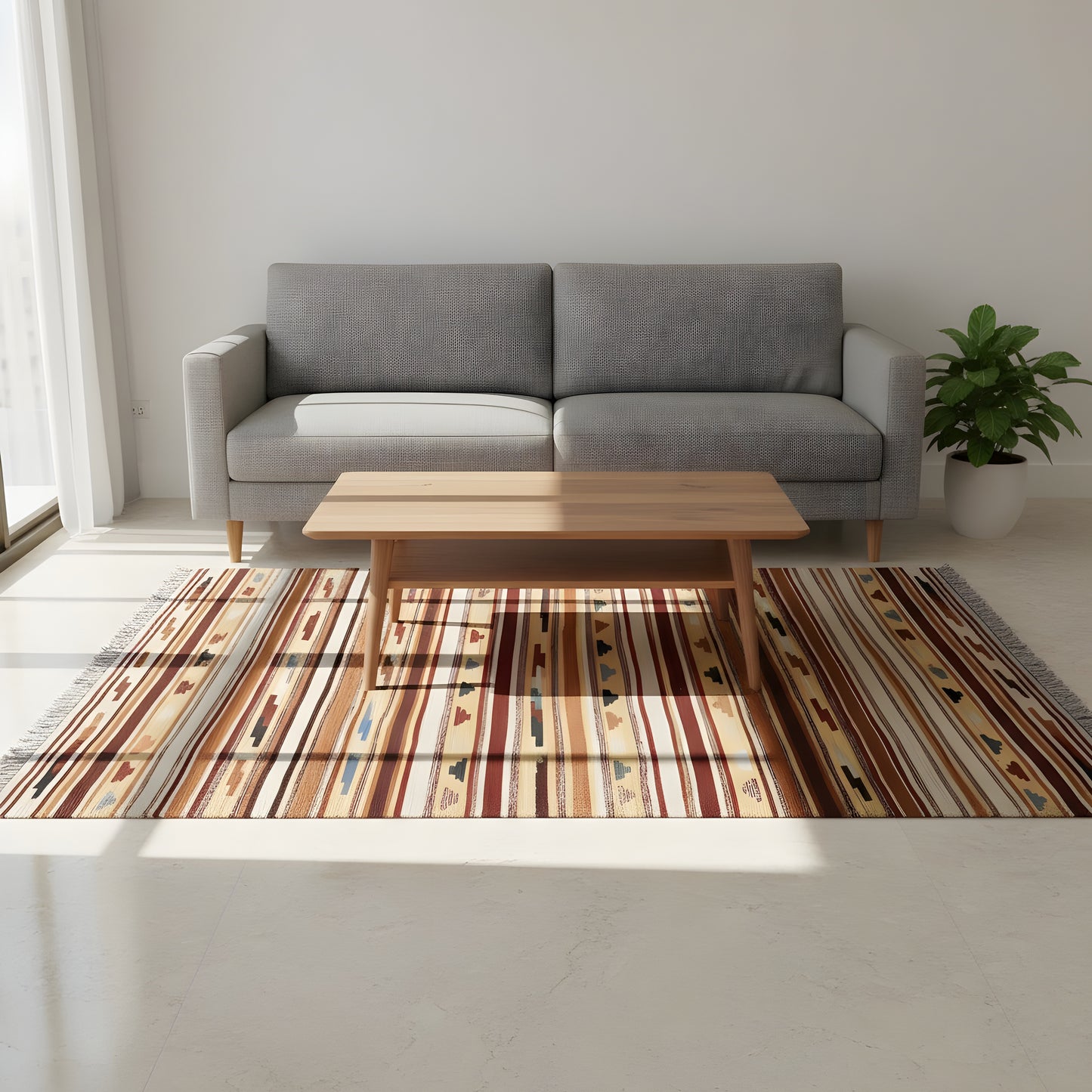 Wohnzimmer Kelim Qashqai Wollteppich aus Naturwolle mit feinen Streifen und Motiven