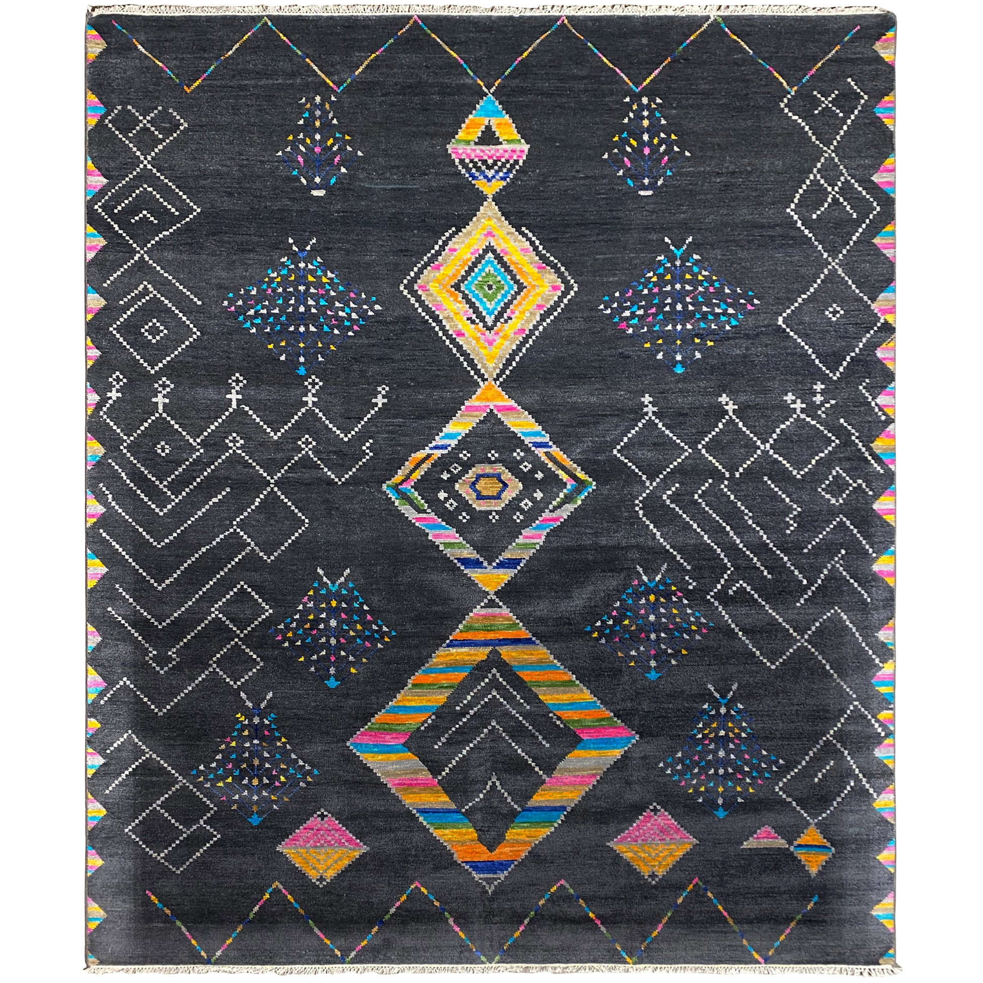 Handgeknüpfter schwarzer Designer Teppich mit buntem geometrischem Muster