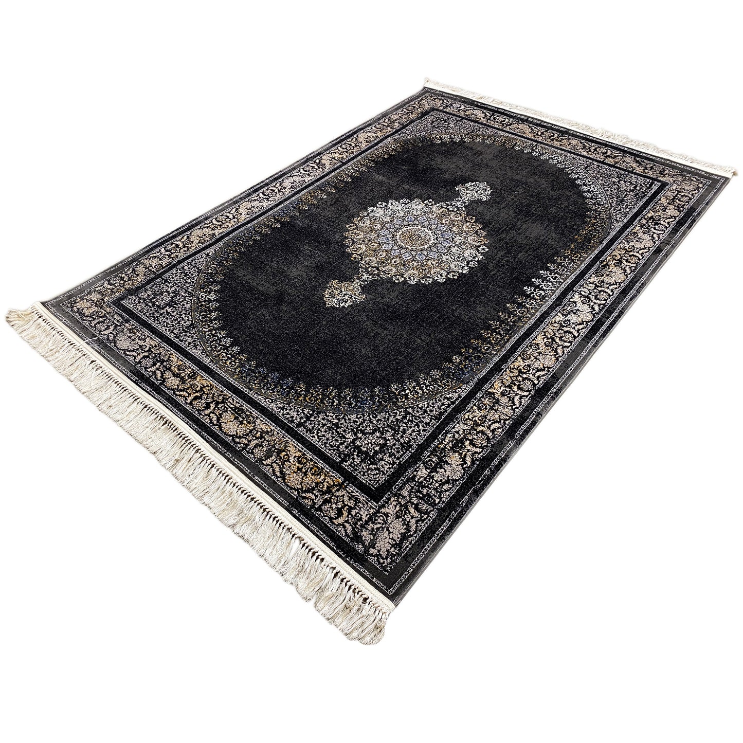 Teppich maschinell gewebt Schwarz Grau 160x230 florale Bordüre

