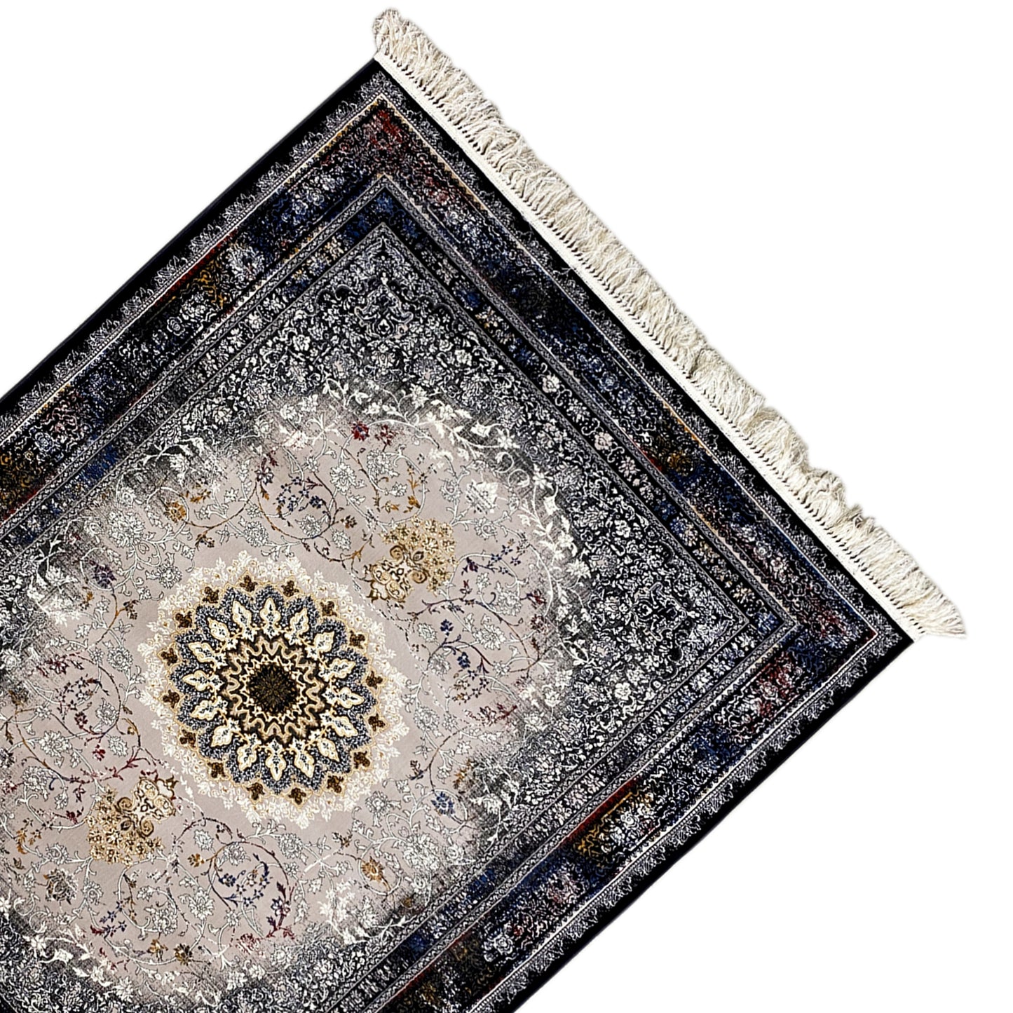 Klassischer Vintage-Teppich mit floralem Muster in Schwarz und Beige, perfekt für den Essbereich