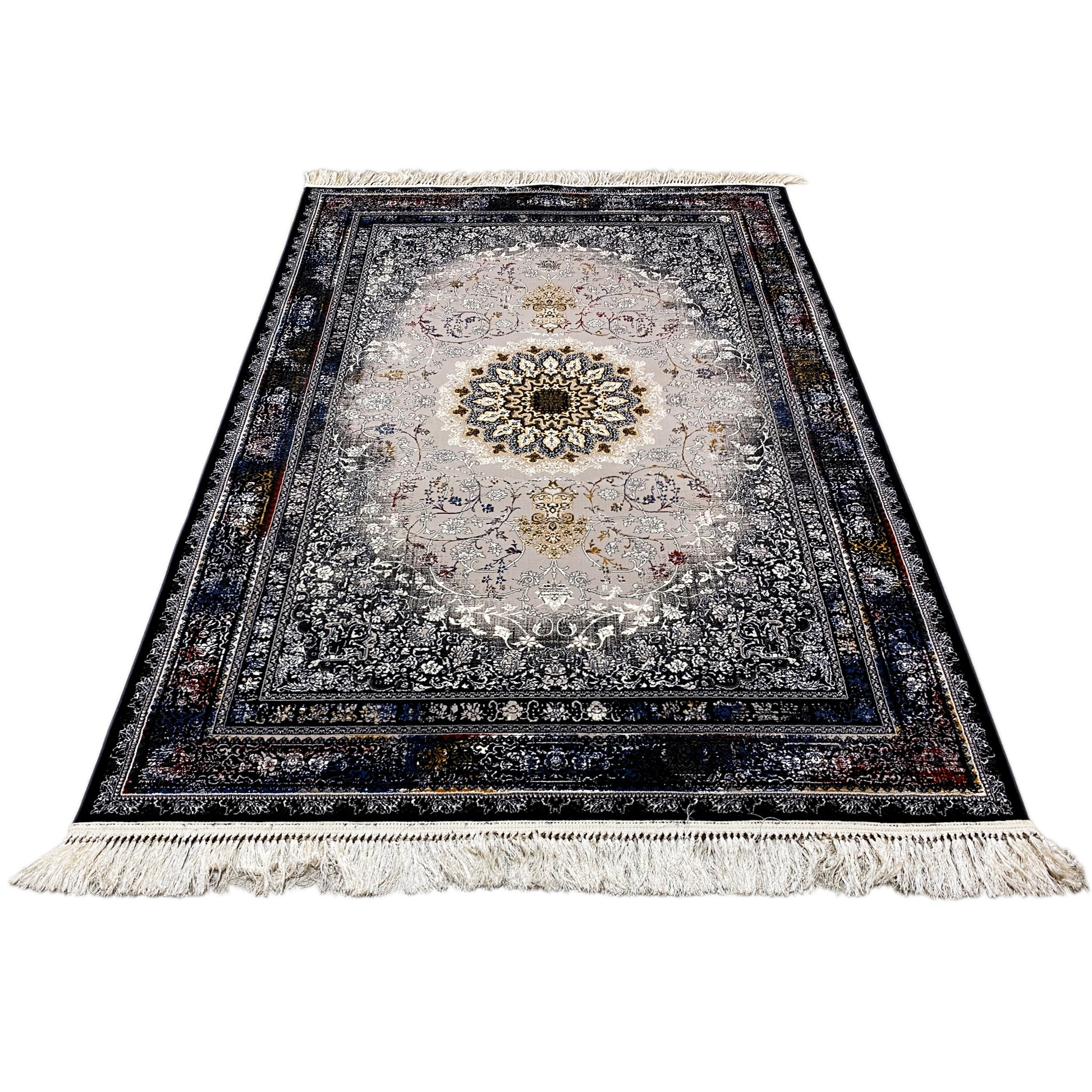 Orient Teppich mit Medaillon und Bordüre in Dunkelblau und Beige für Ihr Wohnzimmer