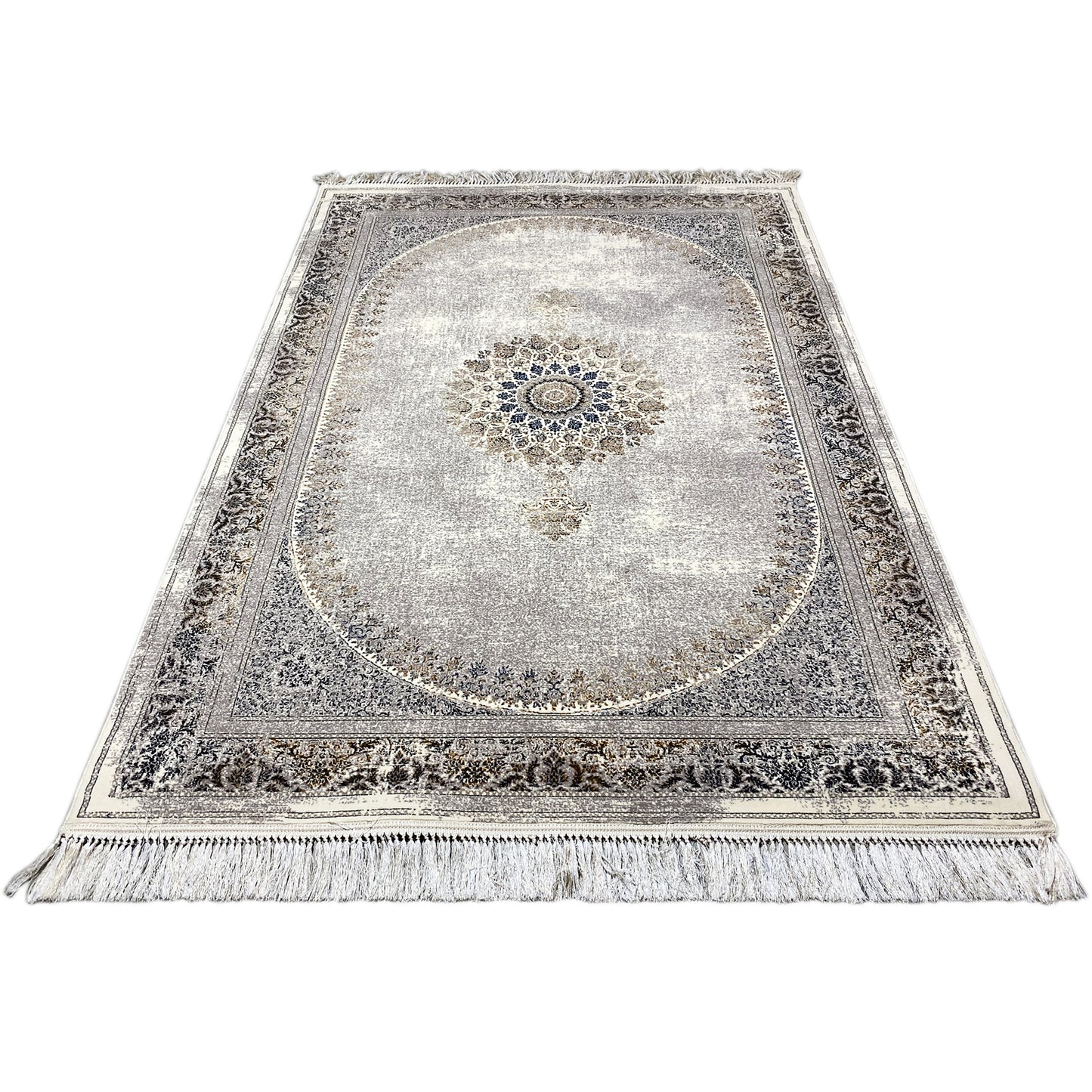 Orientalischer Teppich in Beige und Grau mit verwaschenem Muster für Esszimmer und Wohnzimmer