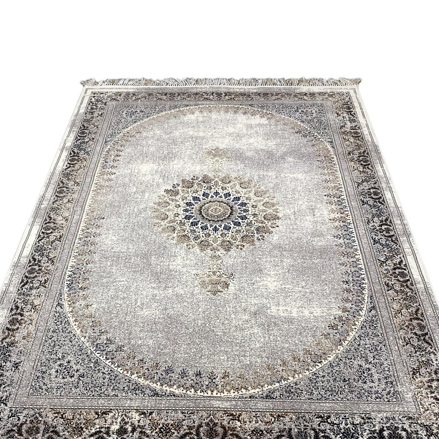 Polypropylen-Teppich mit Bordüre in Beige und Grau, maschinell gefertigt und langlebig