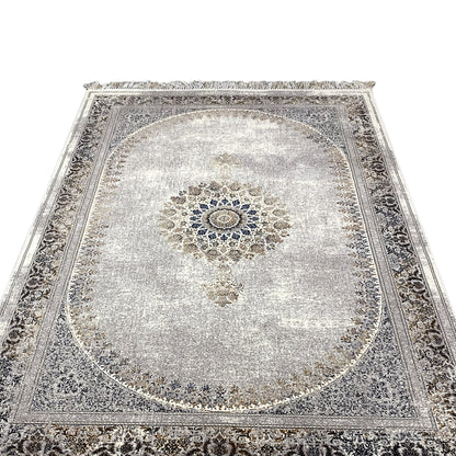 Polypropylen-Teppich mit Bordüre in Beige und Grau, maschinell gefertigt und langlebig