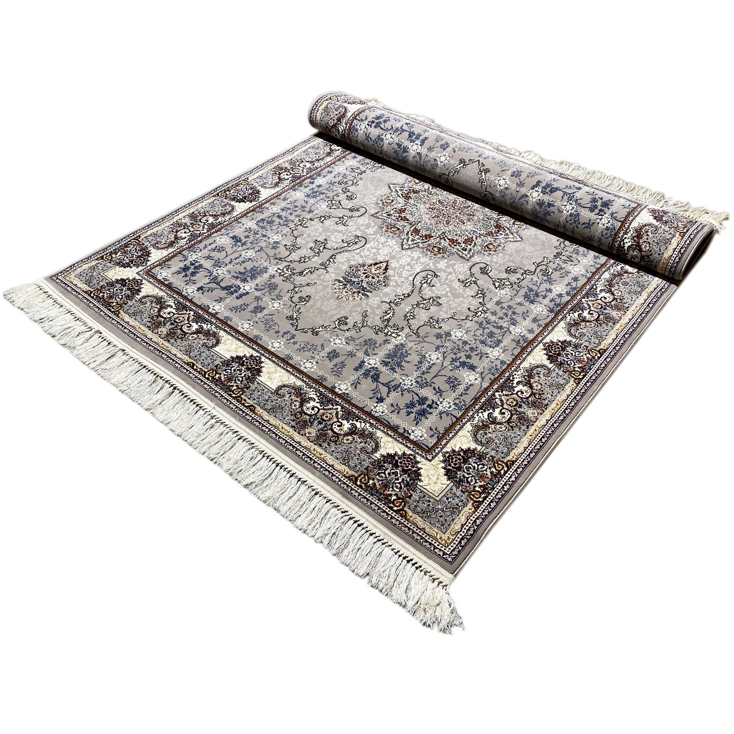 Teppich in Beige, Grau und Blau, mit zentralem Medaillon, ideal für Ihr Schlafzimmer