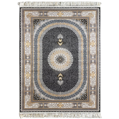 Gewebter Teppich aus Polypropylen in Grau und Silber mit klassischem Medaillon-Muster