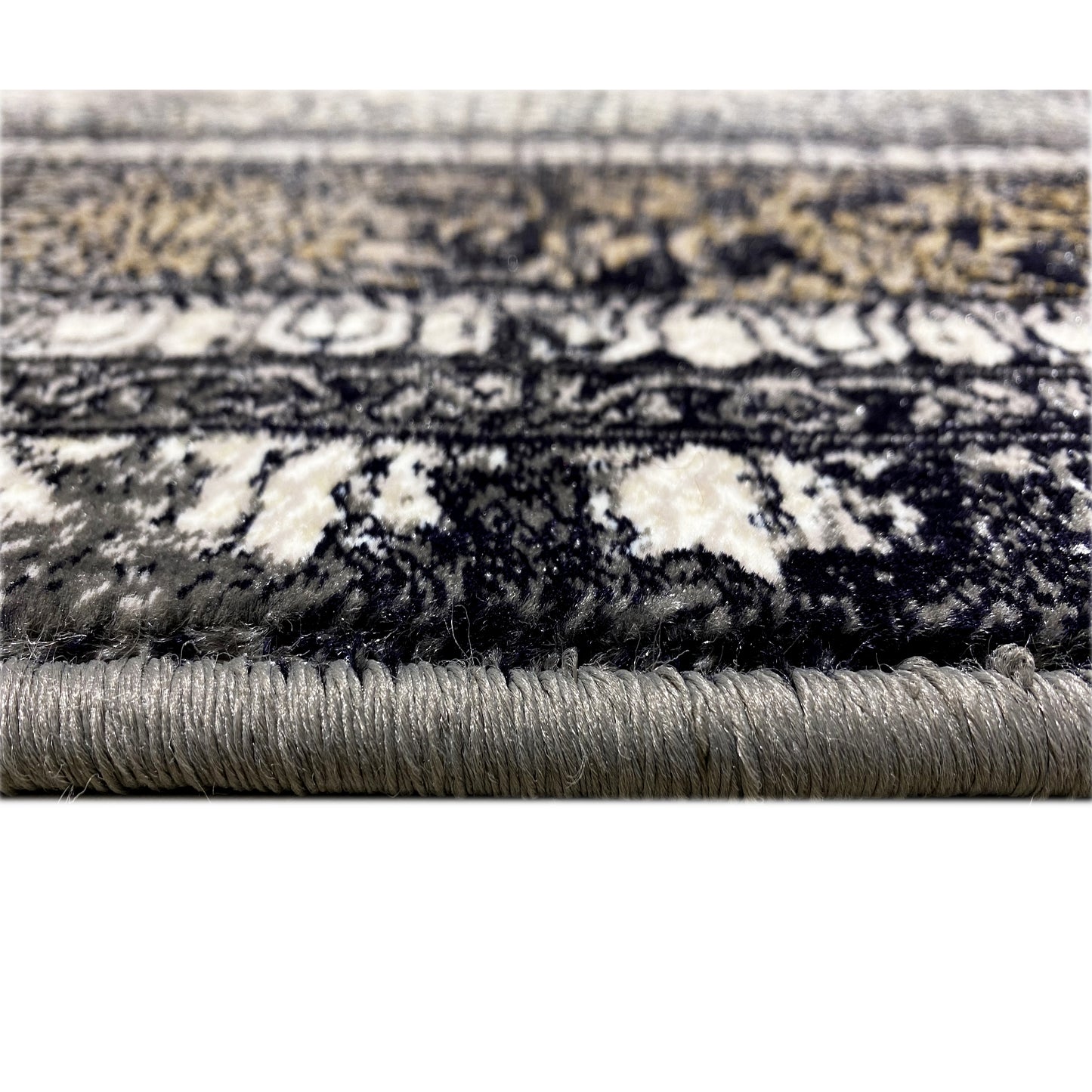 Polypropylen Flächenteppich, kompliziertes Zentral-Medaillon, Schwarz- und Grautöne, luxuriöser Stil.