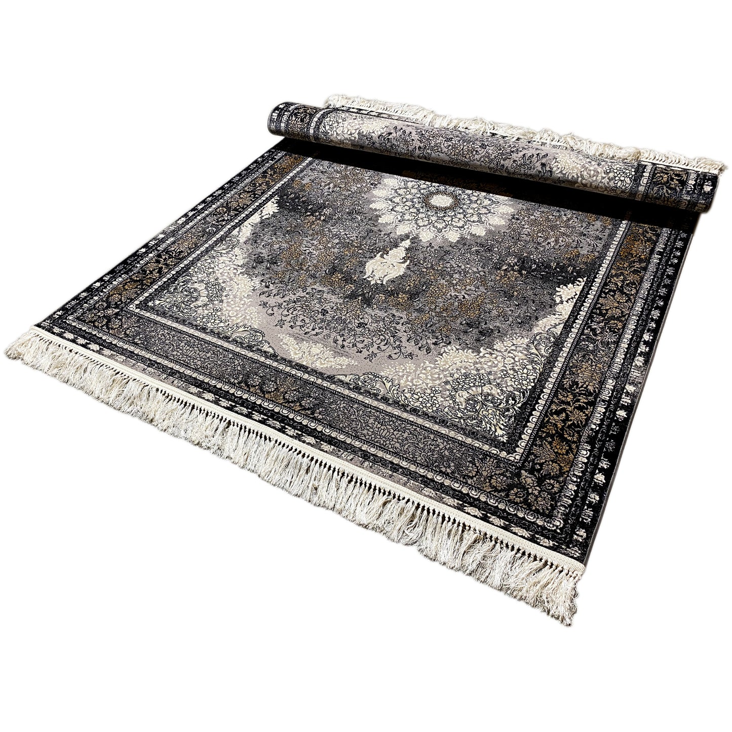 Bodenbelag, weicher Polypropylen-Flor, stilvolles Schwarz Grau, traditioneller Heim-Teppich.