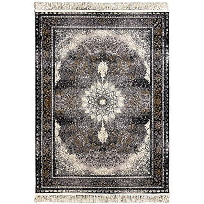 Maschinengewebter Teppich, Polypropylen-Flor, schwarz-graues traditionelles Medaillon, elegantes Wohnzimmer.
