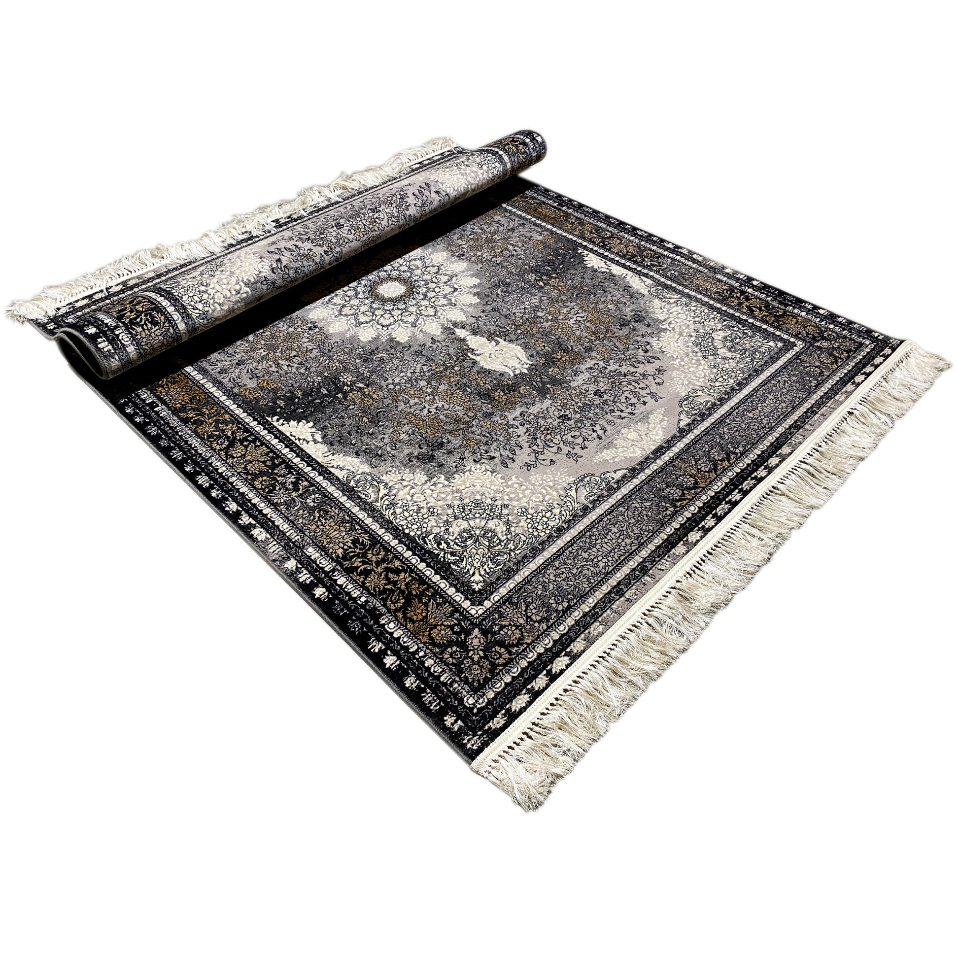 Traditioneller Stil Teppich, synthetisches Polypropylen-Material, graues florales Medaillon, perfekt für klassische Interieurs.