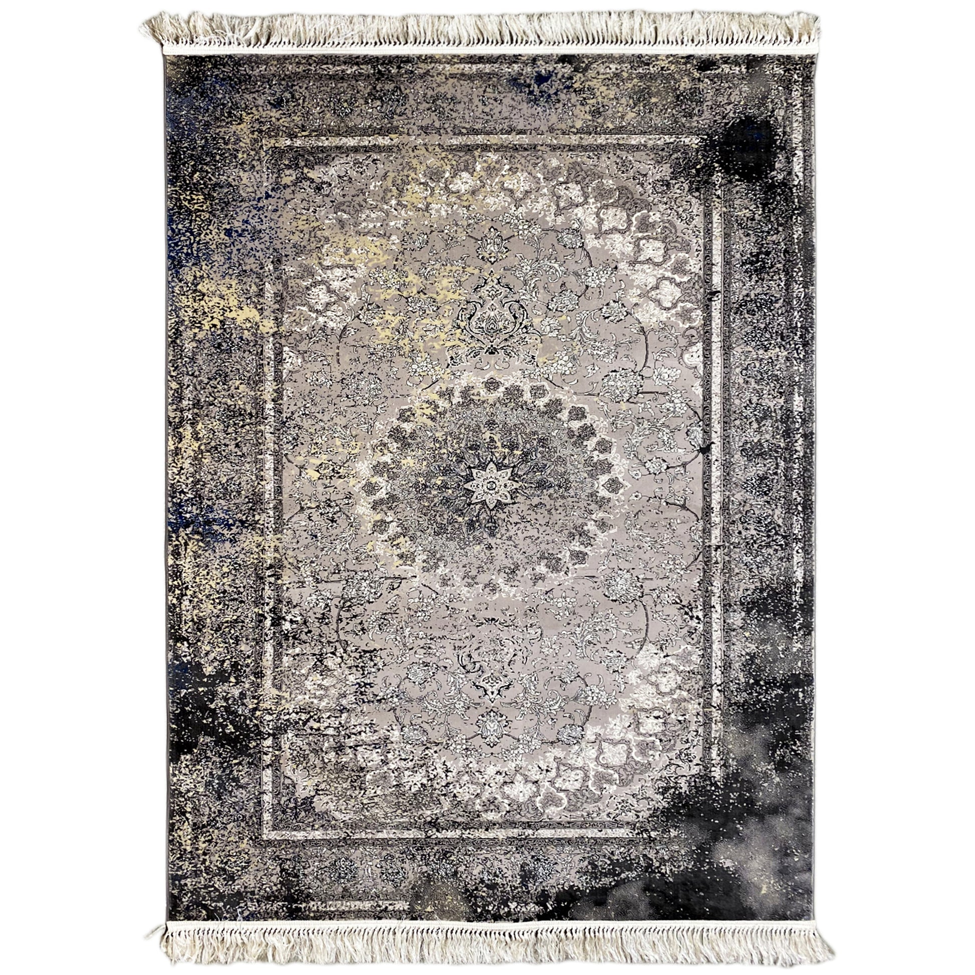 Maschinengewebter Teppich, Polypropylen-Flor, graues Used-Look Medaillon, Wohnzimmer-Bereich.