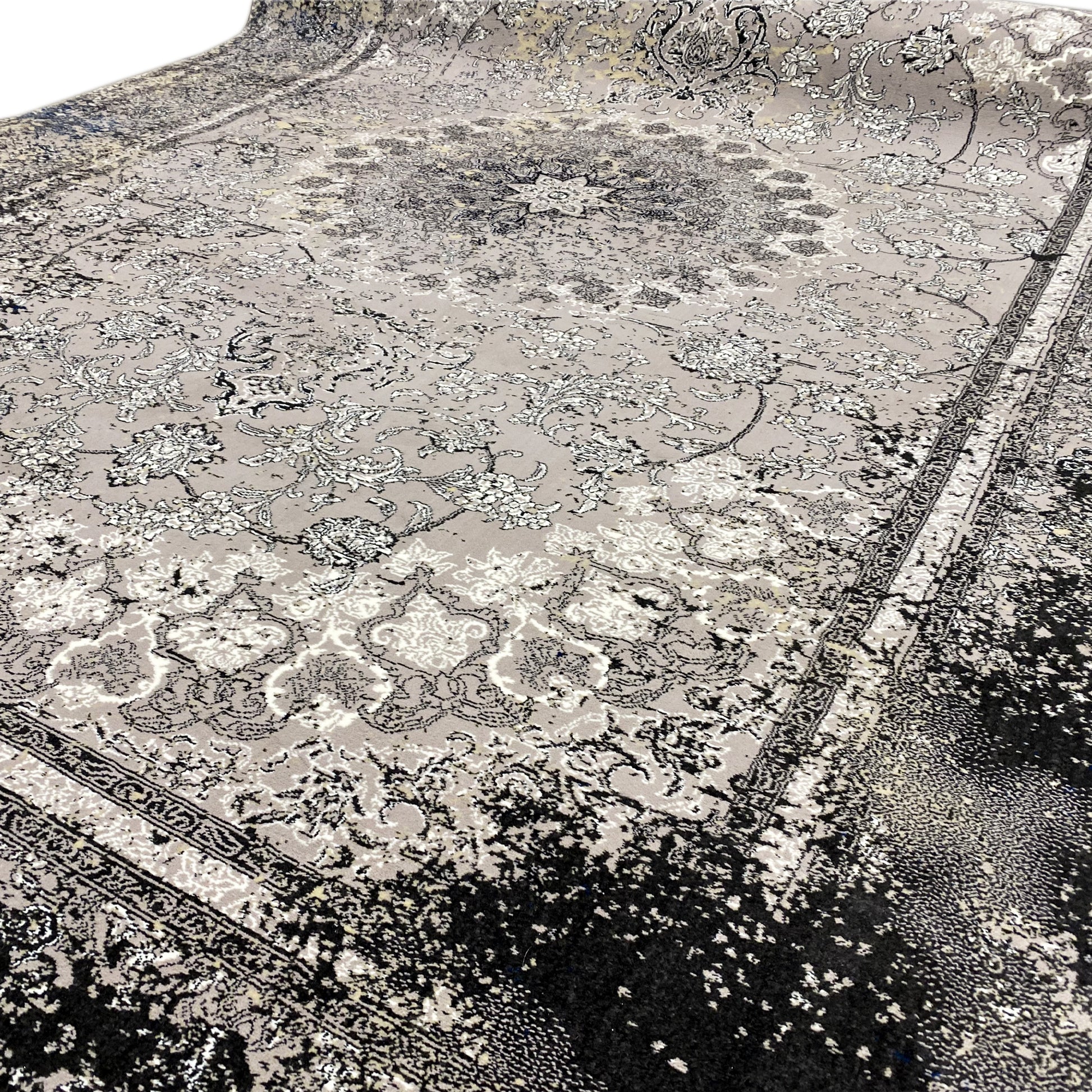 Teppich im Used-Stil, synthetisches Polypropylen-Material, graues Medaillon, perfekt für moderne Einrichtung.