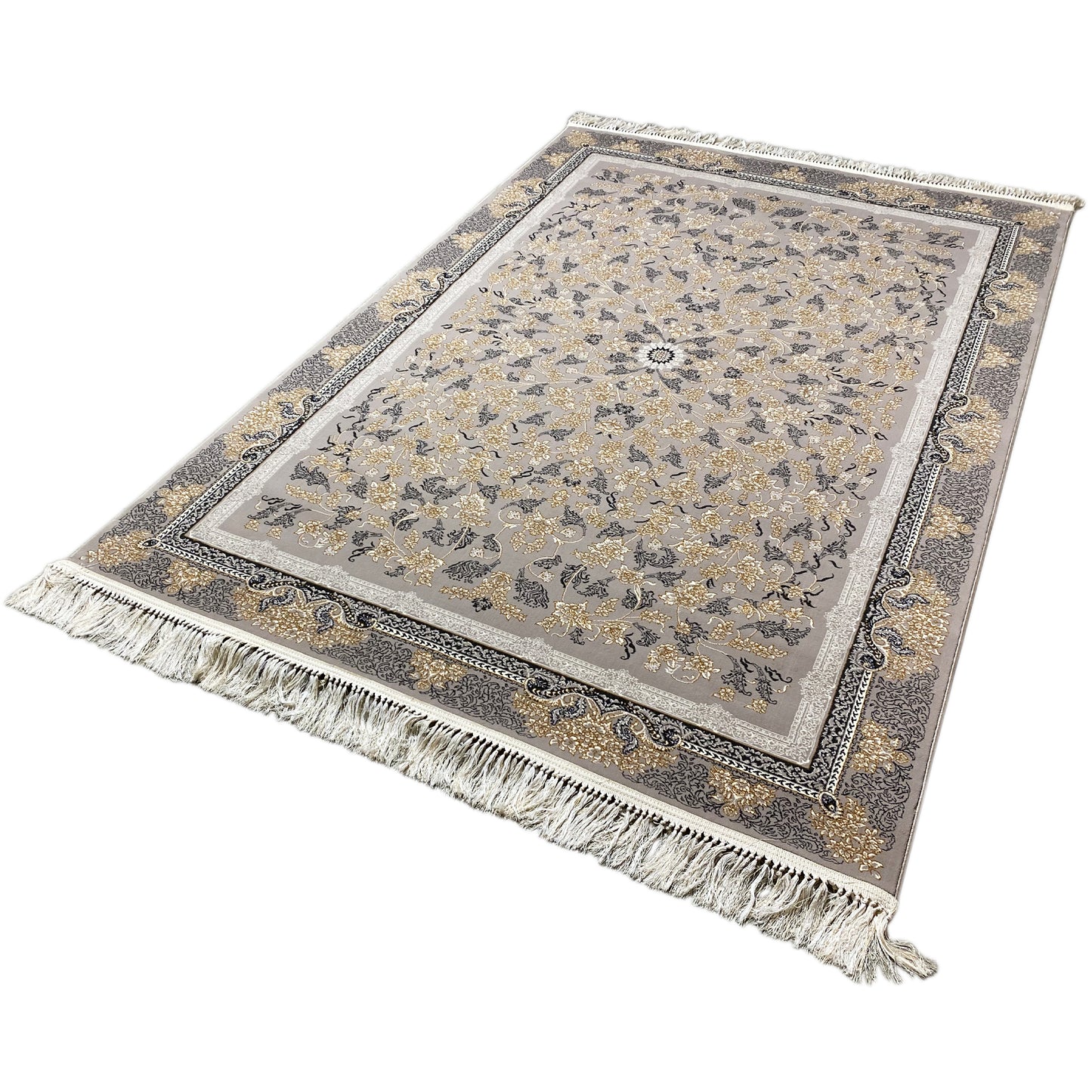 Eleganter, pflegeleichter Teppich, floral gewebt in Grau, für Wohnzimmer in Rom.