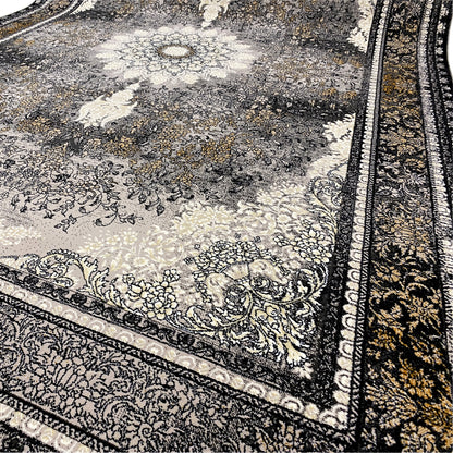 Schwarz-grauer Polypropylen Teppich, maschinengewebt für Langlebigkeit, aufwendiges Medaillon-Design.