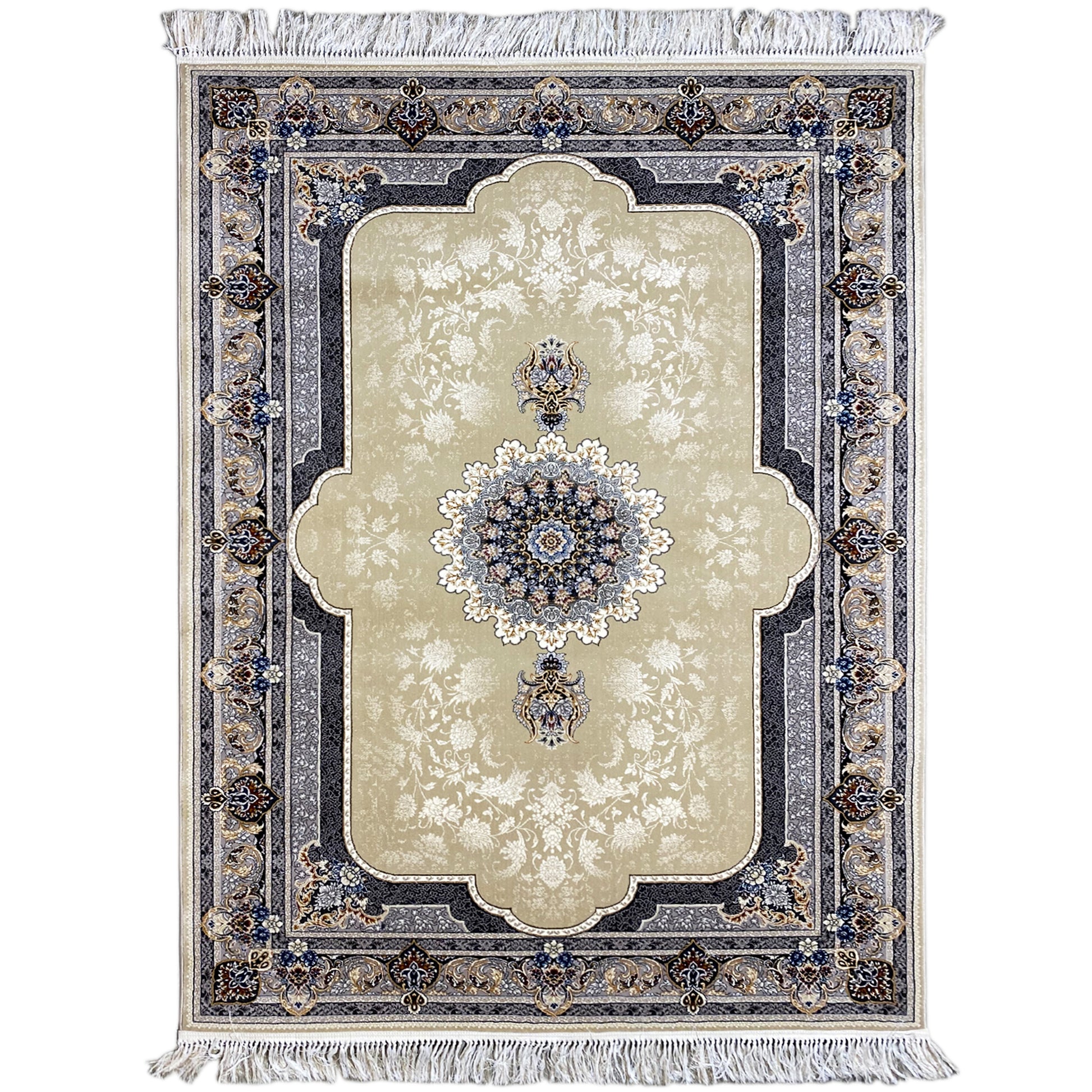 Gewebter Teppich aus Polypropylen in Creme und Blau mit klassischem Medaillon-Muster