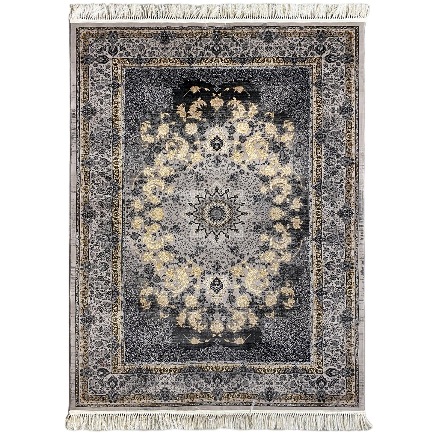 Gewebter Teppich aus Polypropylen, klassisch Dunkelgrau/Gold für Wohnzimmer, Manchester.