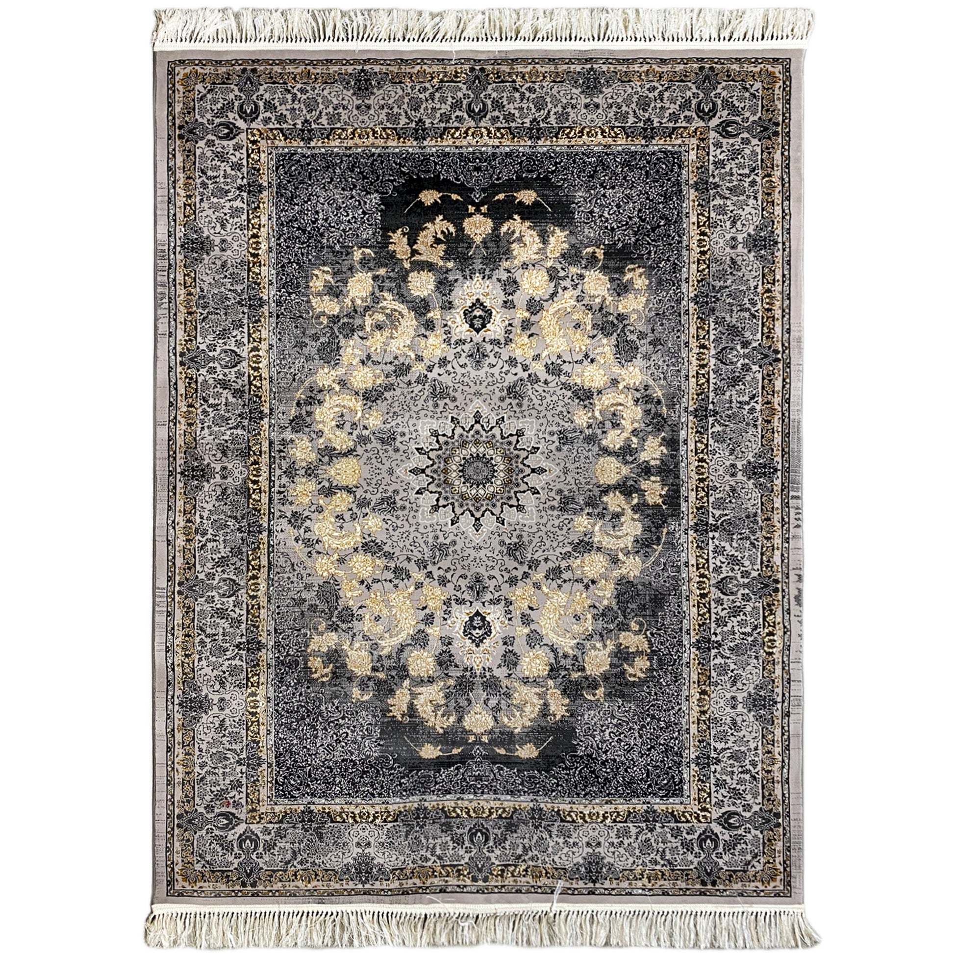 Gewebter Teppich aus Polypropylen, klassisch Dunkelgrau/Gold für Wohnzimmer, Manchester.