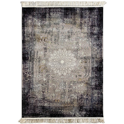 Gewebter Teppich aus Polypropylen in Grau und Schwarz mit Vintage Medaillon-Muster