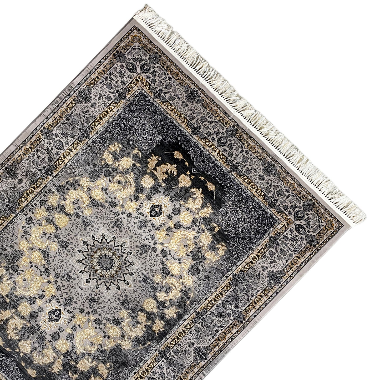 Klassischer Teppich 160x230 cm in Grau mit Goldakzenten, Manchester Kollektion.