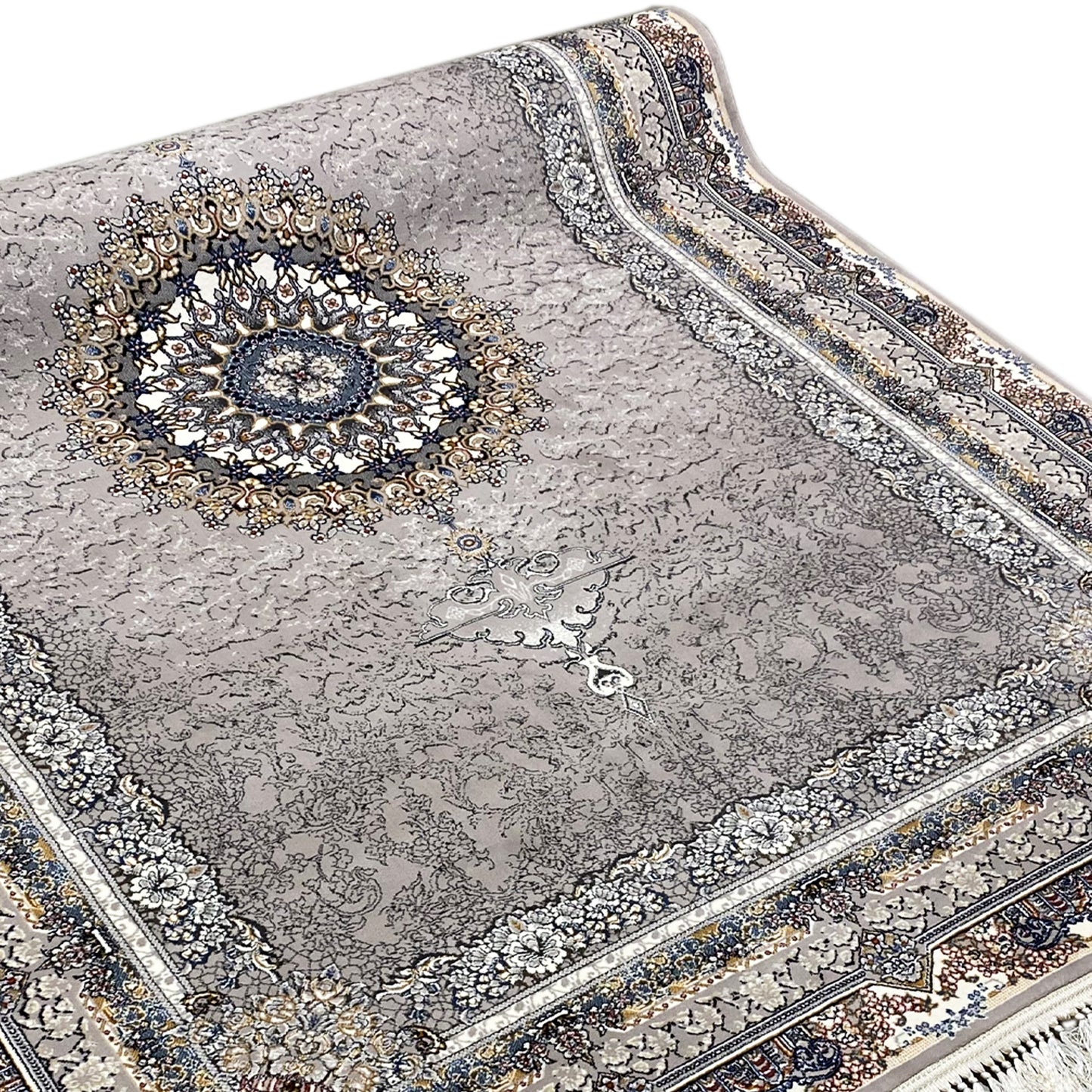 Robuster Teppich Noah aus synthetischem Garn mit traditionellem Medaillon-Muster in Dunkelgrau.