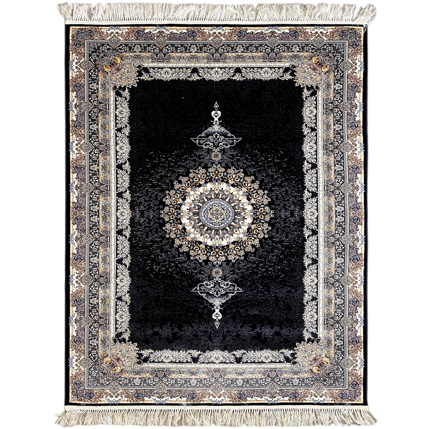 Woven Teppich aus Polypropylen mit orientalischem Mihrab-Muster in Schwarz und Creme