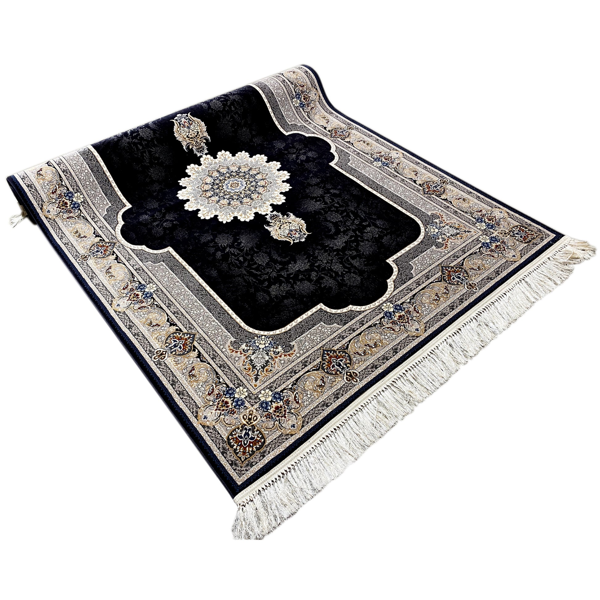 Detailansicht des Medaillon-Musters auf dem schwarzen Teppich, 100% Polypropylen