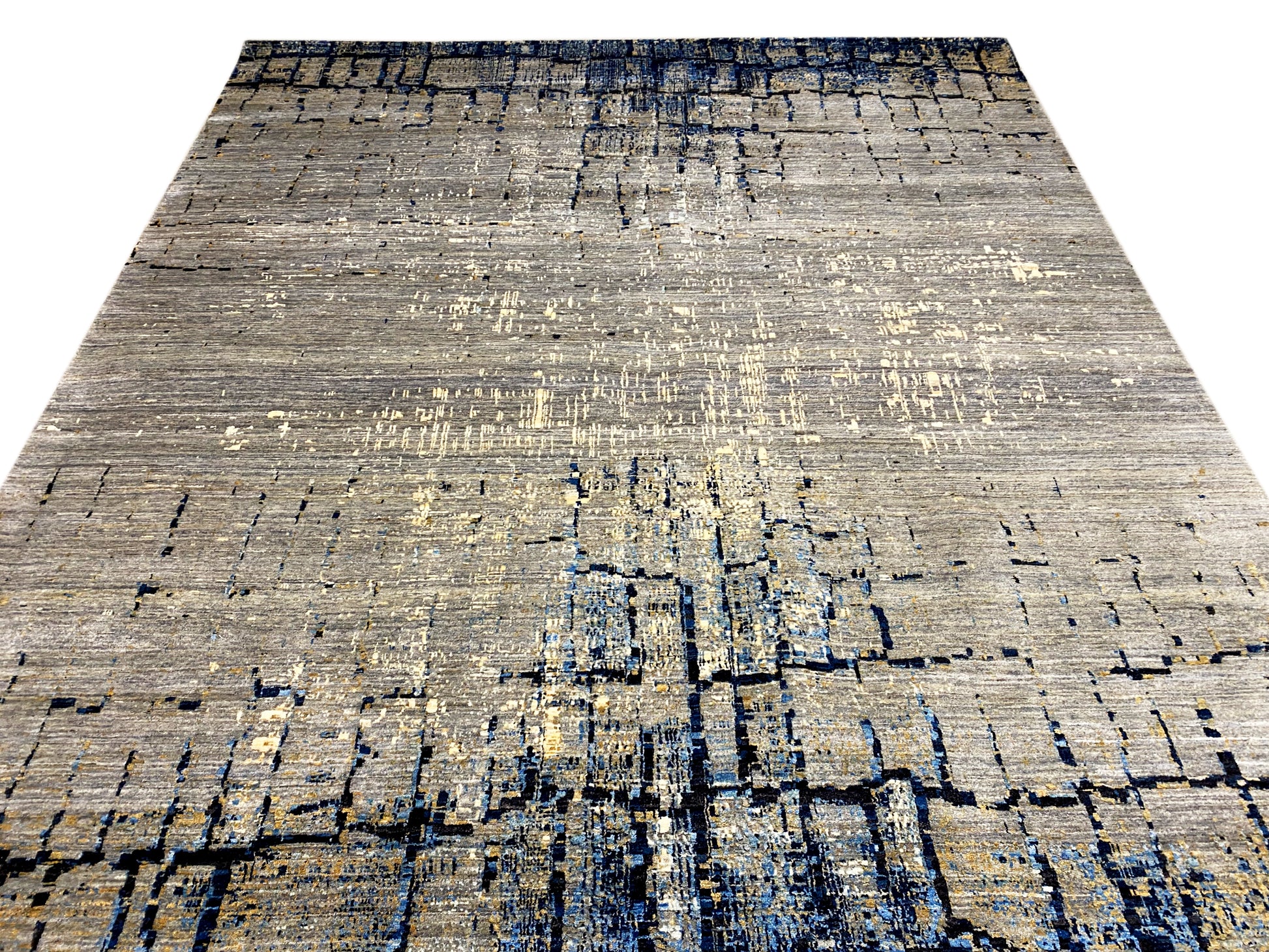 Abstrakter Wohnteppich in Grau-Blau für modernes Interieur