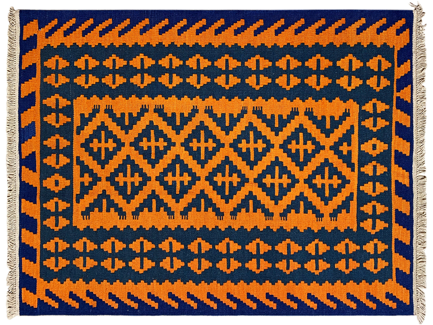 Handgewebter Kelim Teppich blau orange mit tribal Muster
