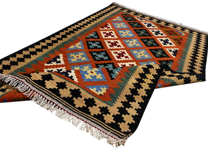 Handversponnene Wolle Kelim Teppich orange im Tribal Design 155x101 cm