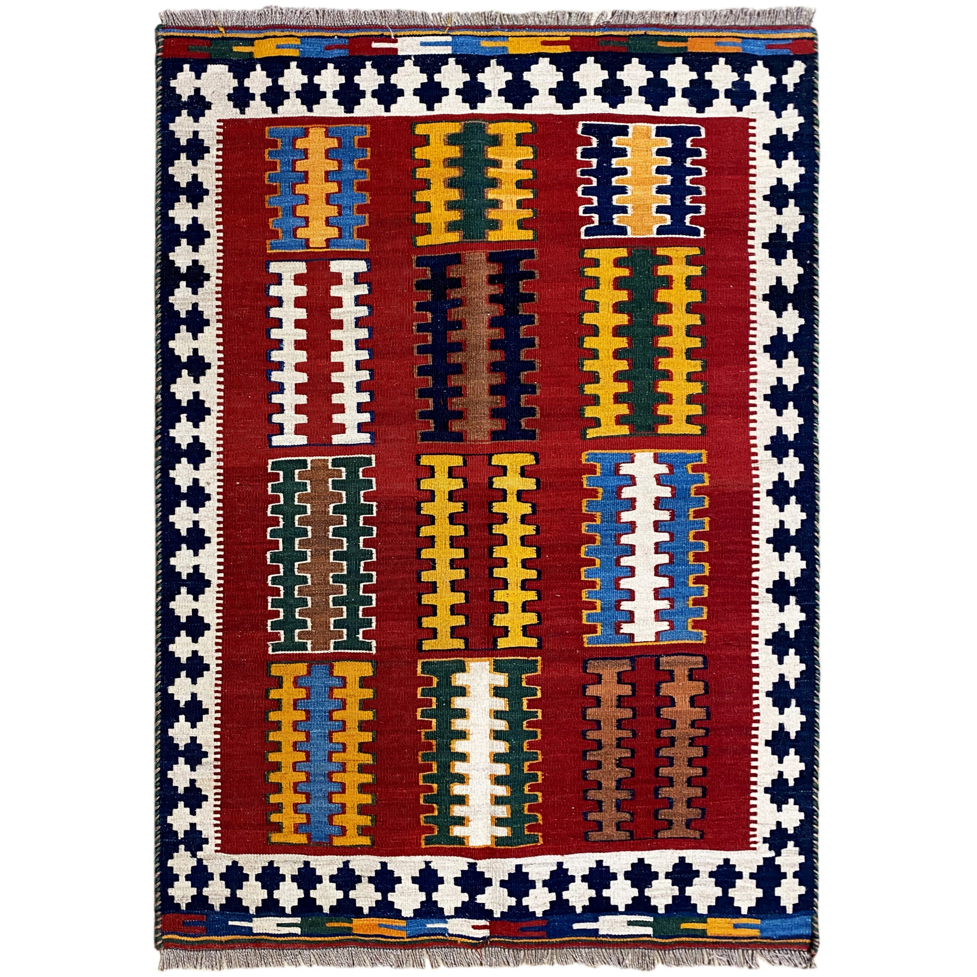 Handgewebter Qashqai Kelim Teppich Rot Blau 153x101 cm aus Naturwolle