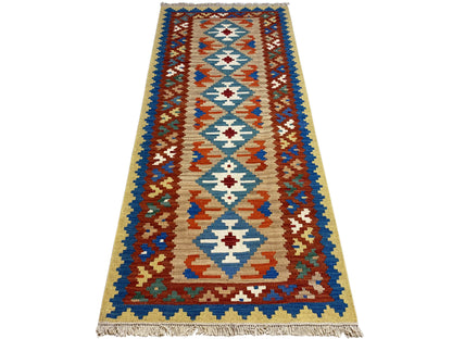 Boho Kelim Teppich 203x84 in Blau Beige und warmen Erdtönen