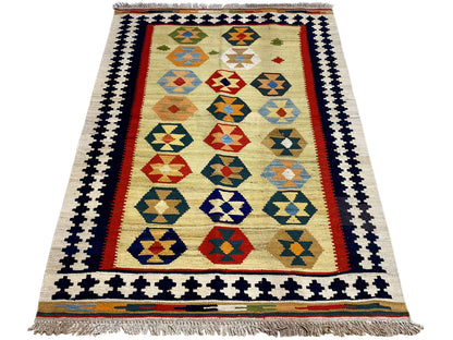 Boho Ethno Kelim Teppich beige mit traditionellem geometrischem Muster