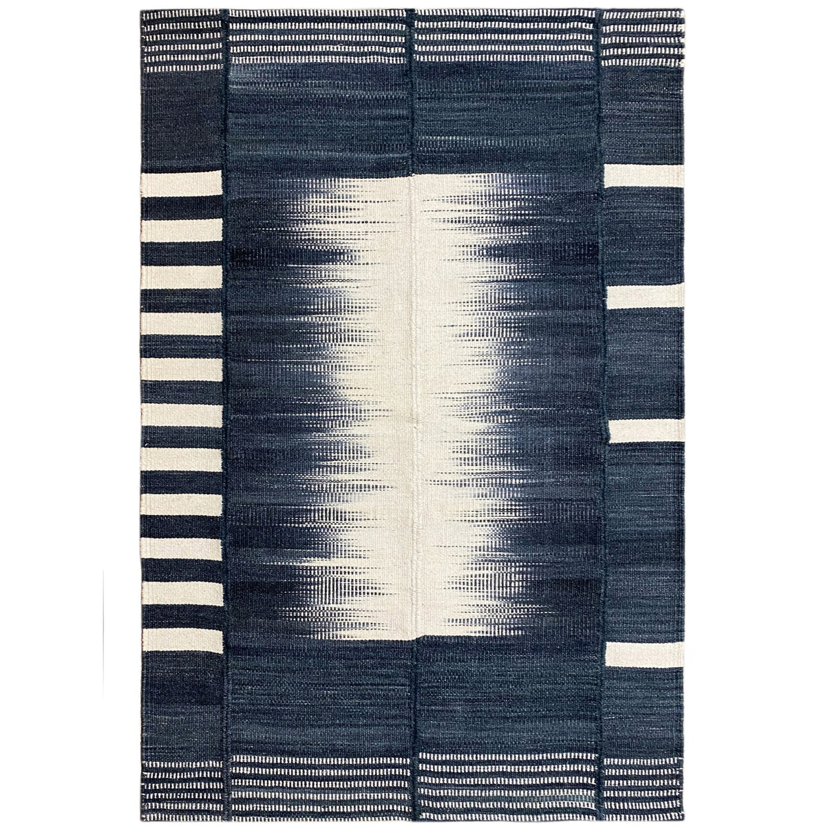 Kelim-Teppich 150x100 cm dunkelblau mit hellem Mittelstreifen und Blockmuster