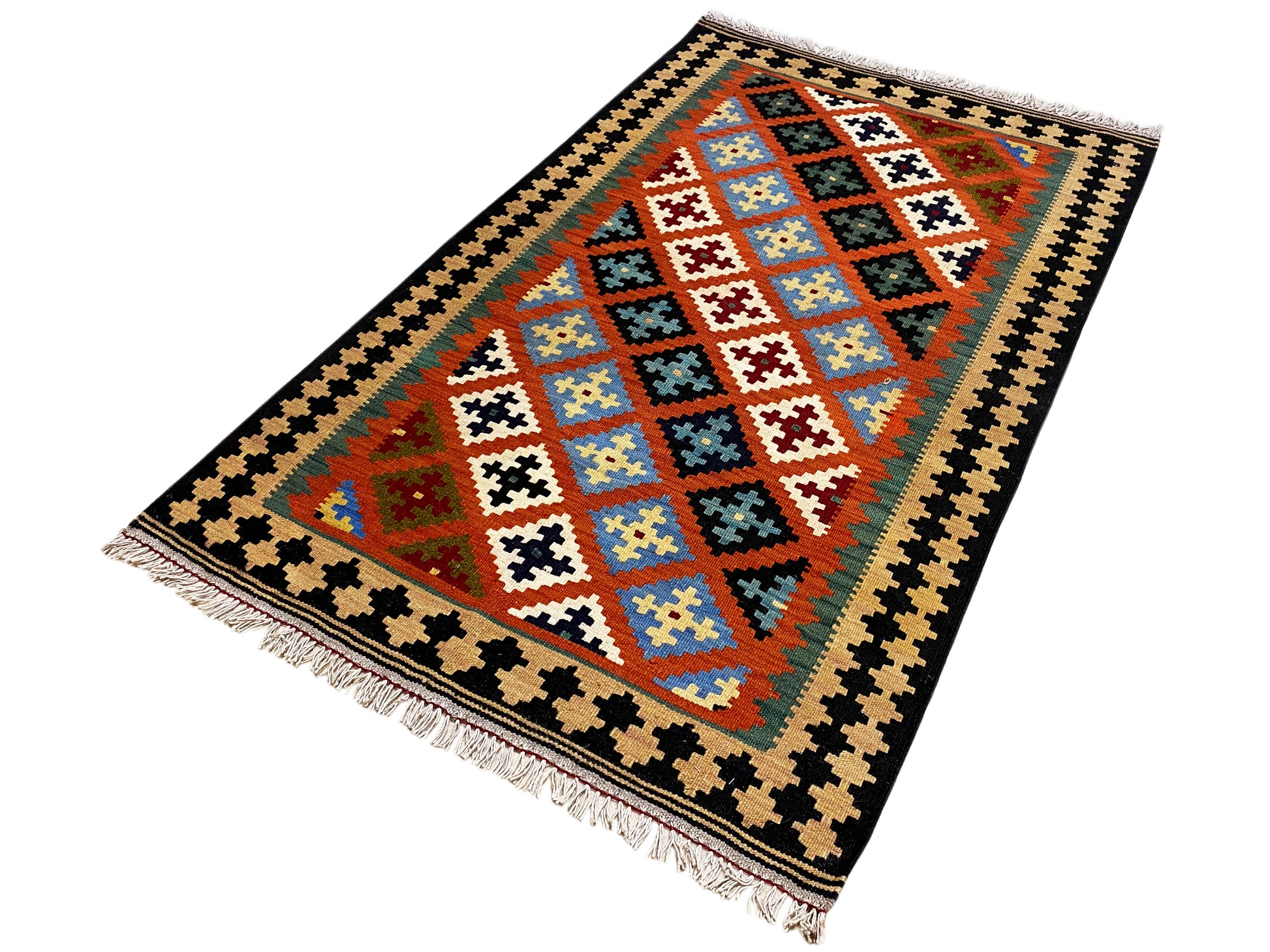 Naturwolle Kelim Teppich orange robust handgewebt für Wohnzimmer oder Flur