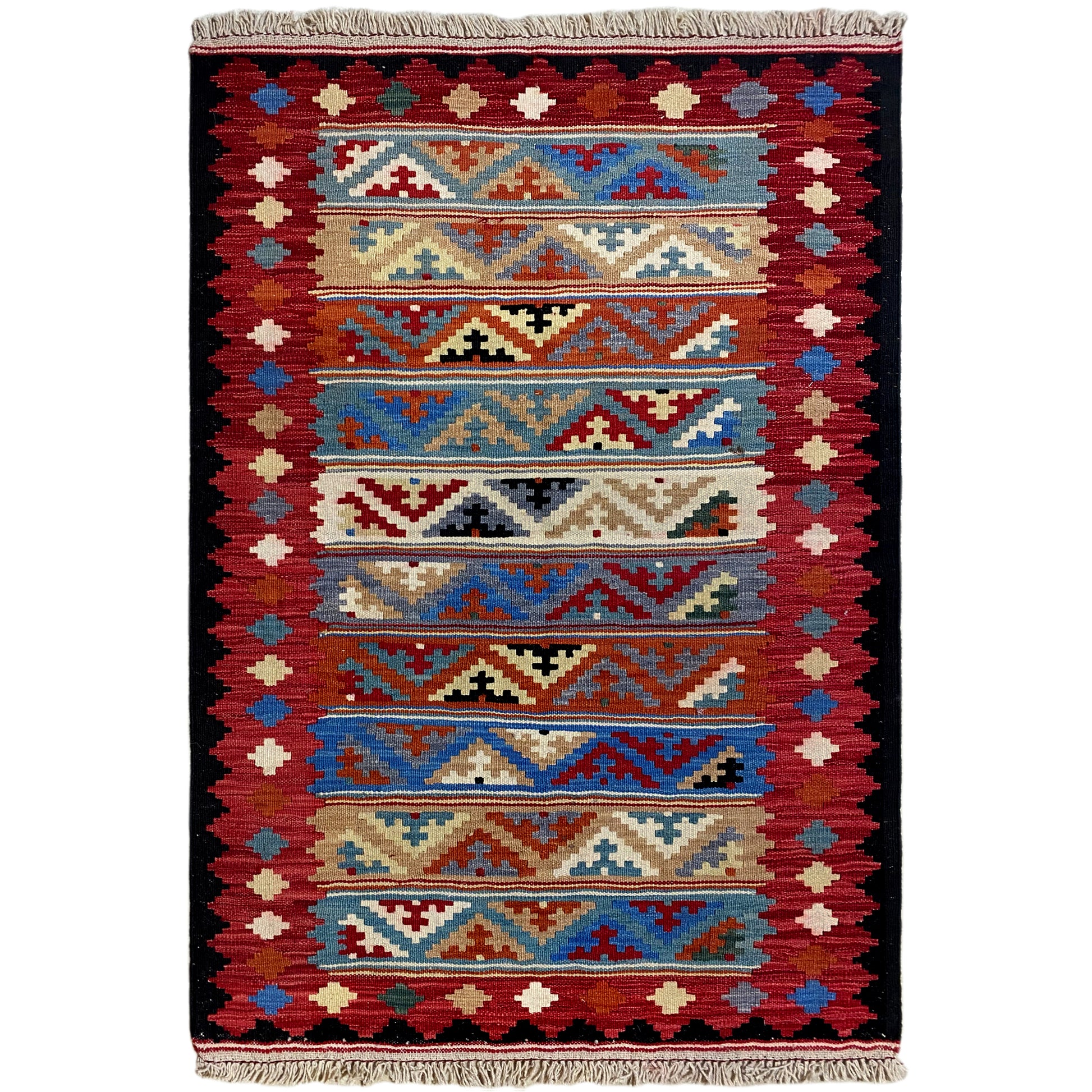 Kelim Qashqai Teppich rot 156x100 cm handgewebt aus Naturwolle mit Streifenmuster