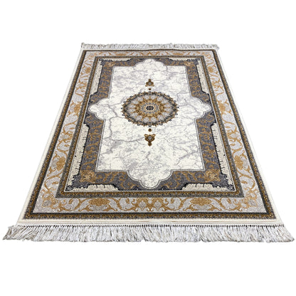 Eleganter Teppich im Vintage-Stil mit Medaillon und Bordüre, ideal für Wohnzimmer