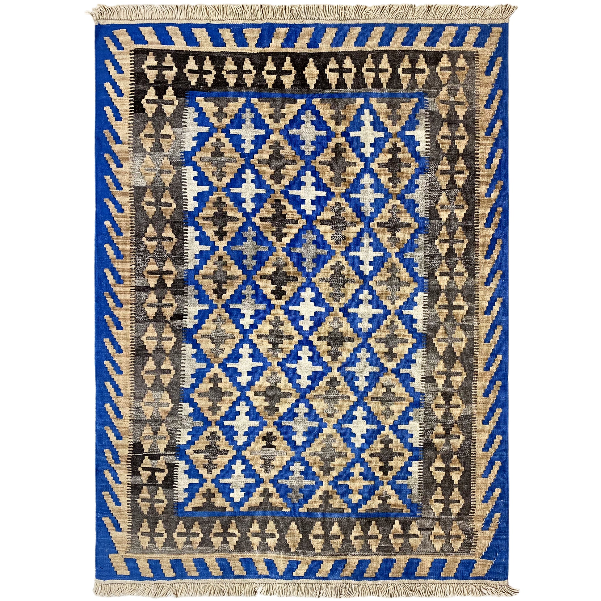 Handgewebter Kelim Qashqai Teppich blau 172x127 cm mit geometrischem Rautenmuster