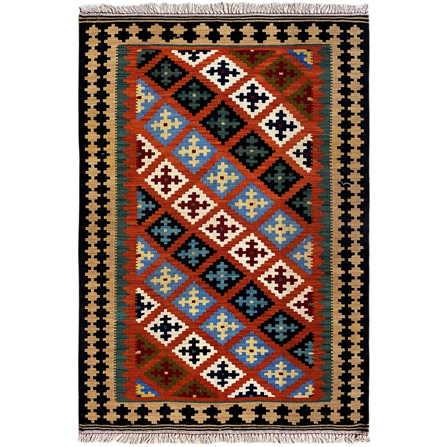 Kelim Qashqai Teppich orange 155x101 cm handgewebt mit geometrischem Rautenmuster