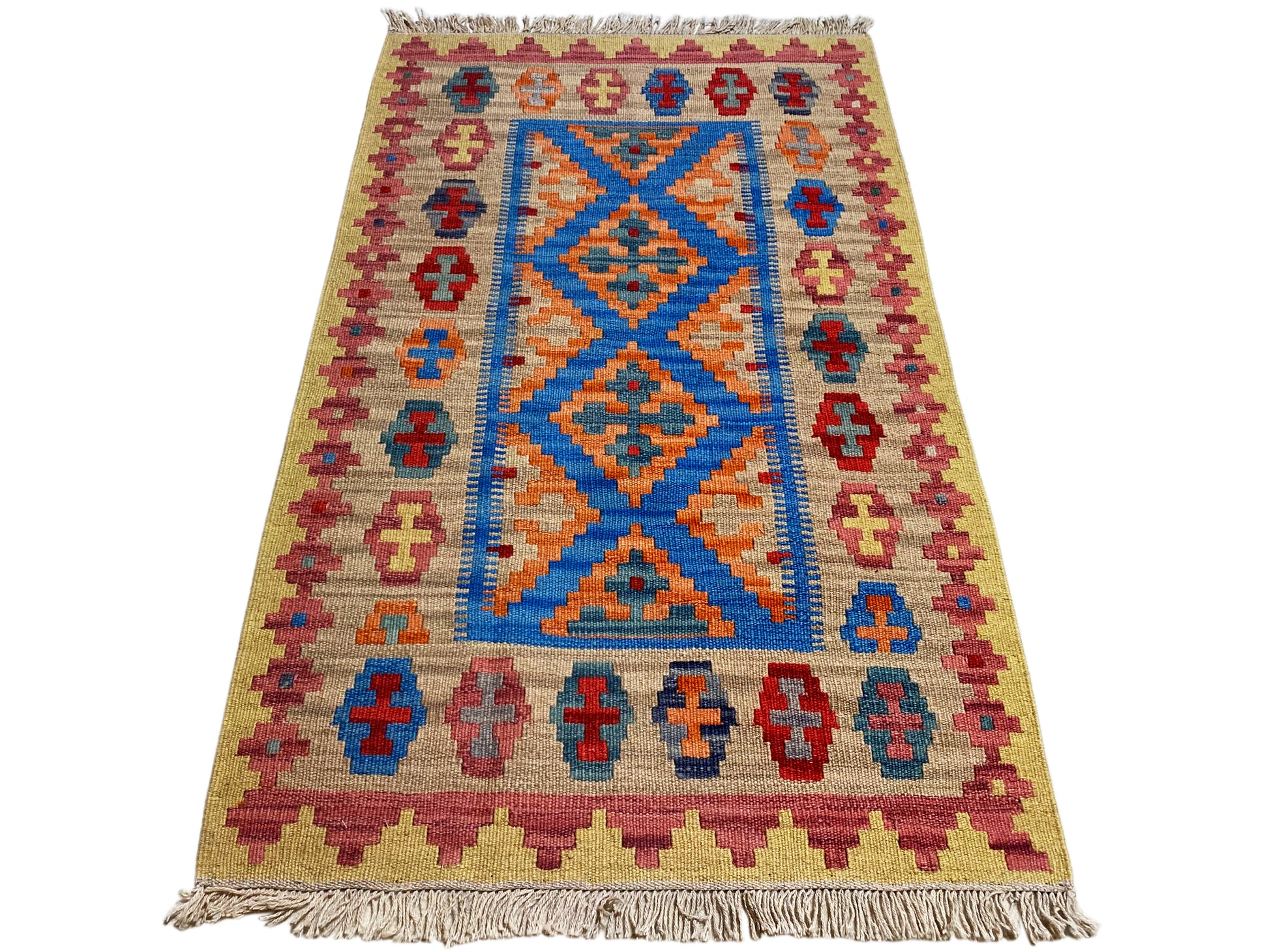 Boho Kelim Teppich 142x84 cm, handversponnene Wolle mit kräftigen Farben