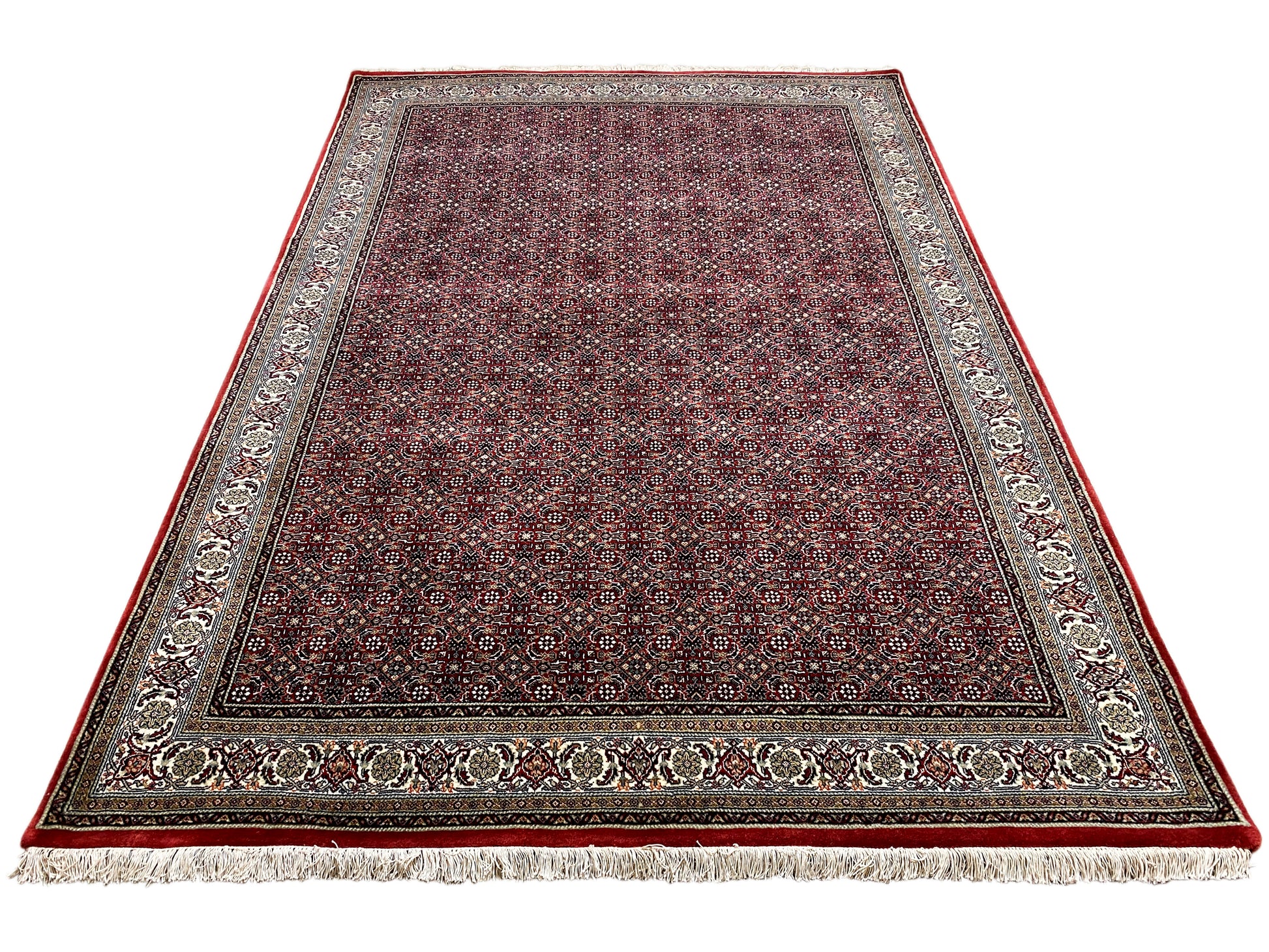 Roter und cremefarbener Perserteppich mit Allover-Geometrie