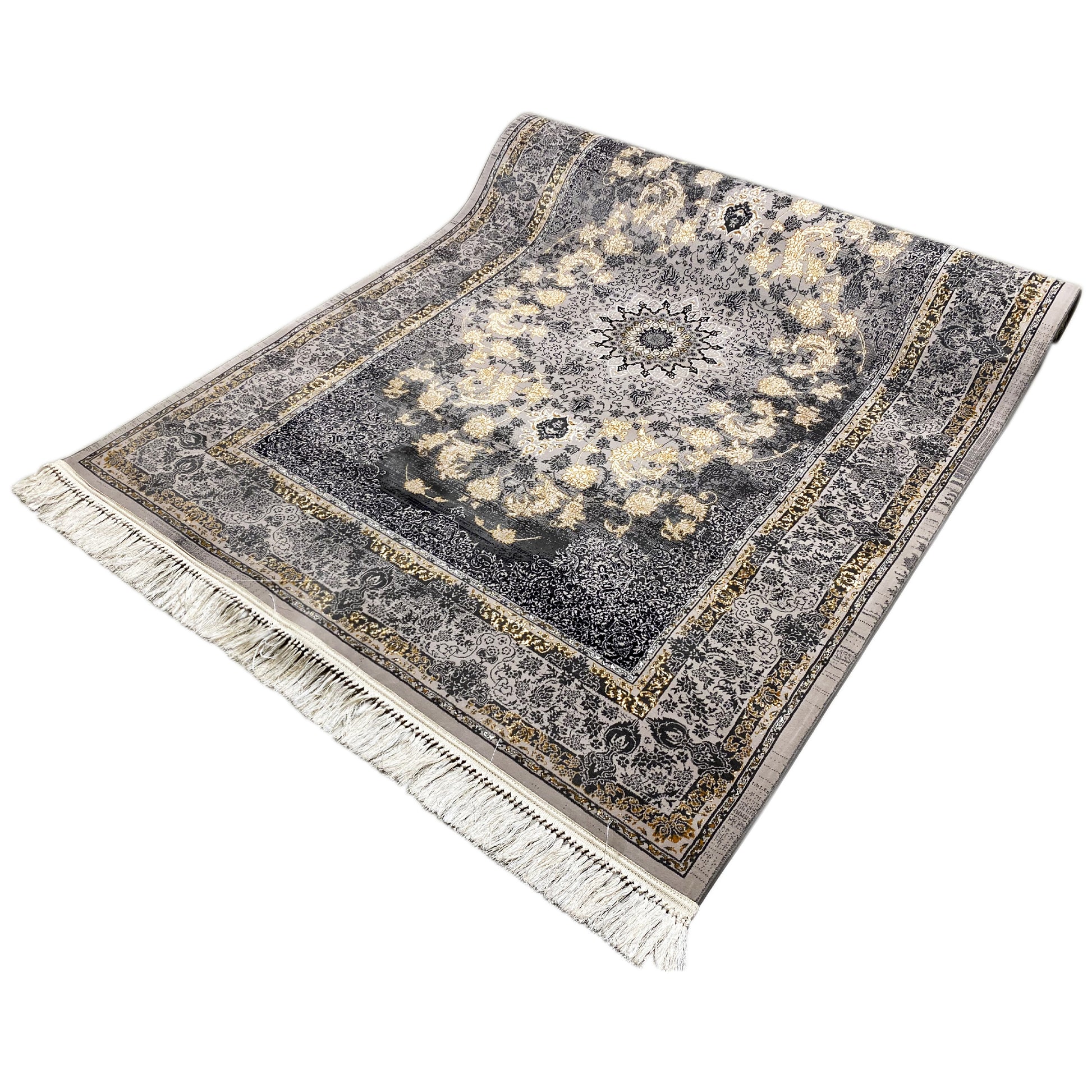 Orient Teppich Polypropylen mit klassischem Muster in Grau und Gold, Manchester.