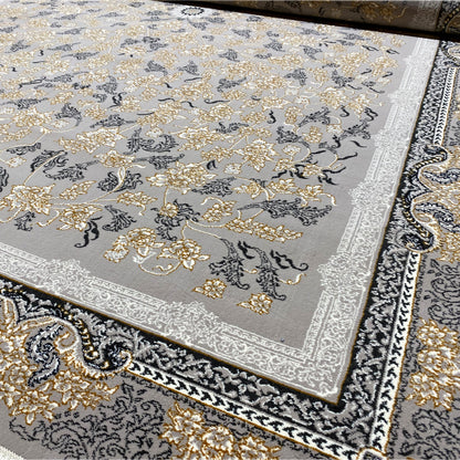 Gewebter Teppich klassisch in Grau mit floralem Muster, inspiriert von Rom.