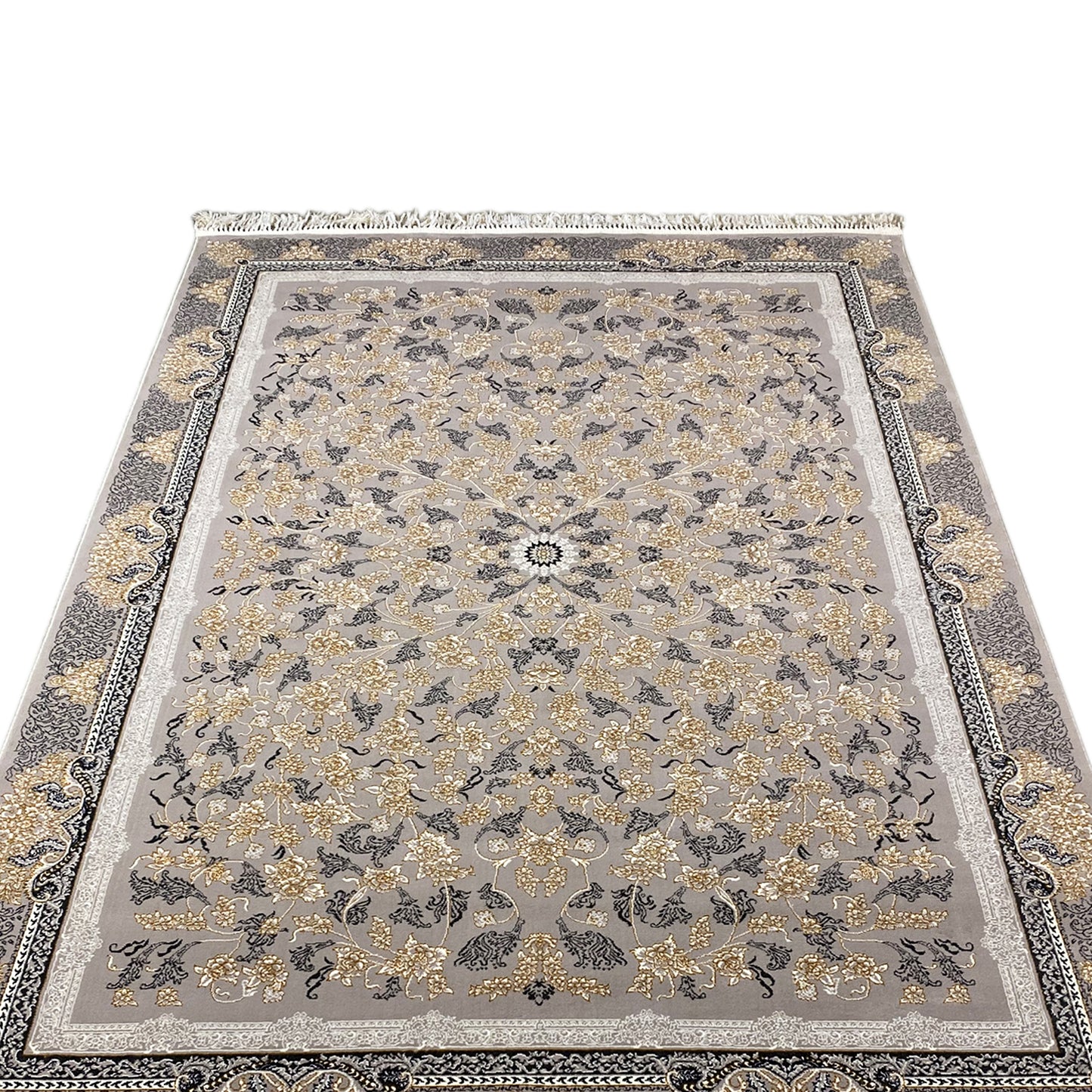 Maschinell hergestellter Medaillon Teppich aus Polypropylen in Grau, luxuriöses Rom Flair.