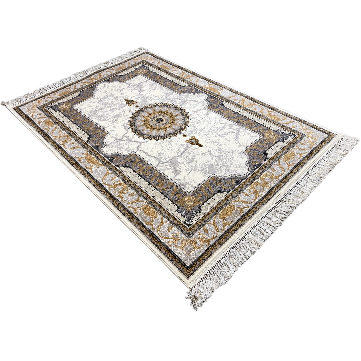 Pflegeleichter Teppich in Creme-Grau mit Marmor-Optik, maschinell gefertigt