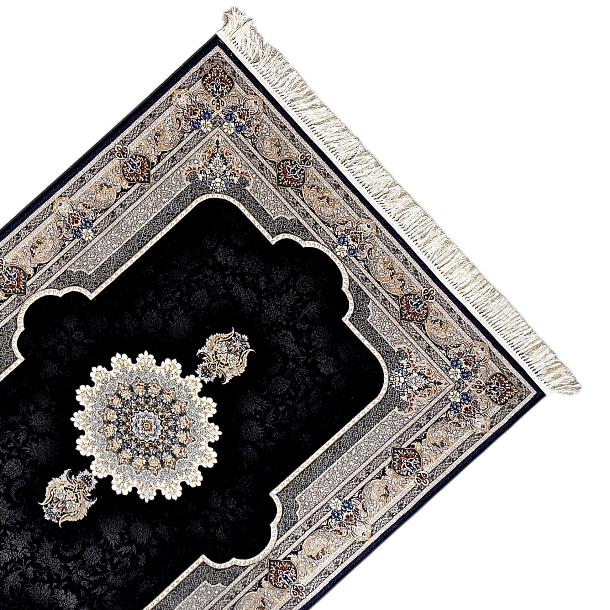 Wunderschöner Teppich mit Medaillon-Muster in Schwarz, Creme und Gold